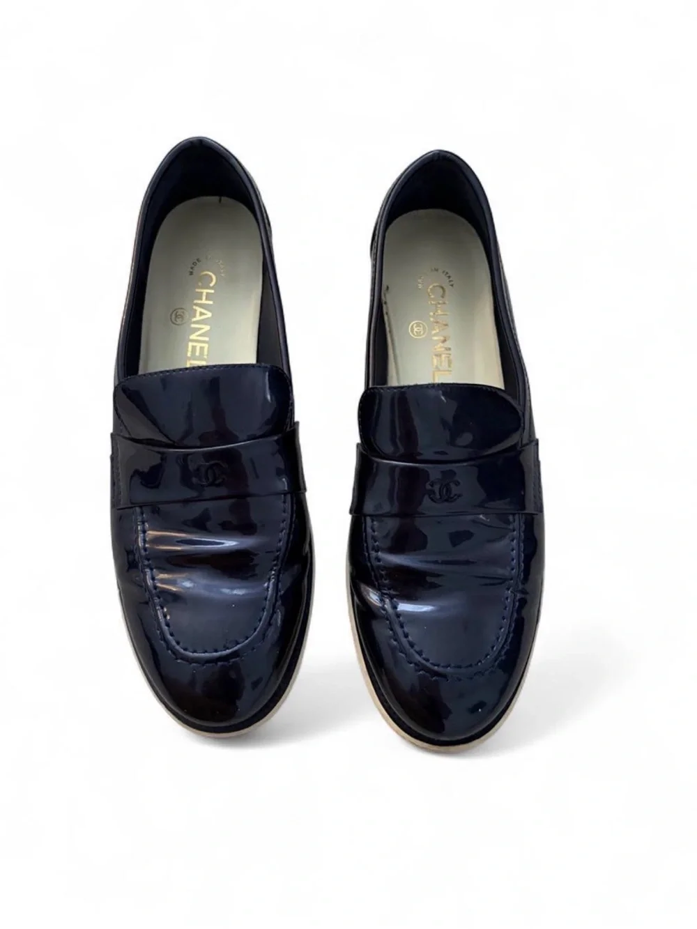 CHANEL Patent Navy Blue Loafers